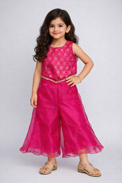 The Magic Wand Jacquard Sleeveless Floral Designed Top With Organza Palazzo - Fuchsia