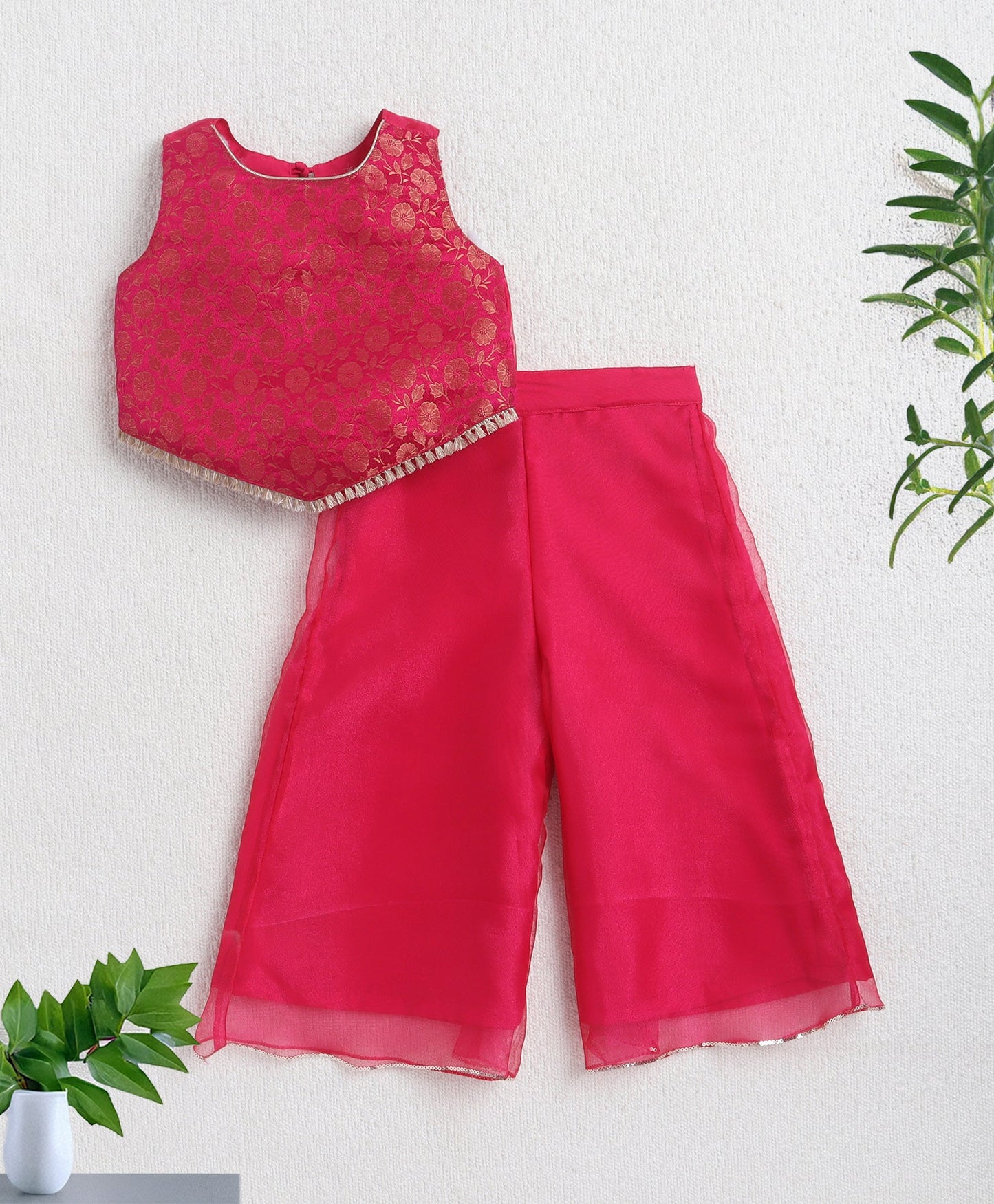 The Magic Wand Jacquard Sleeveless Floral Designed Top With Organza Palazzo - Fuchsia