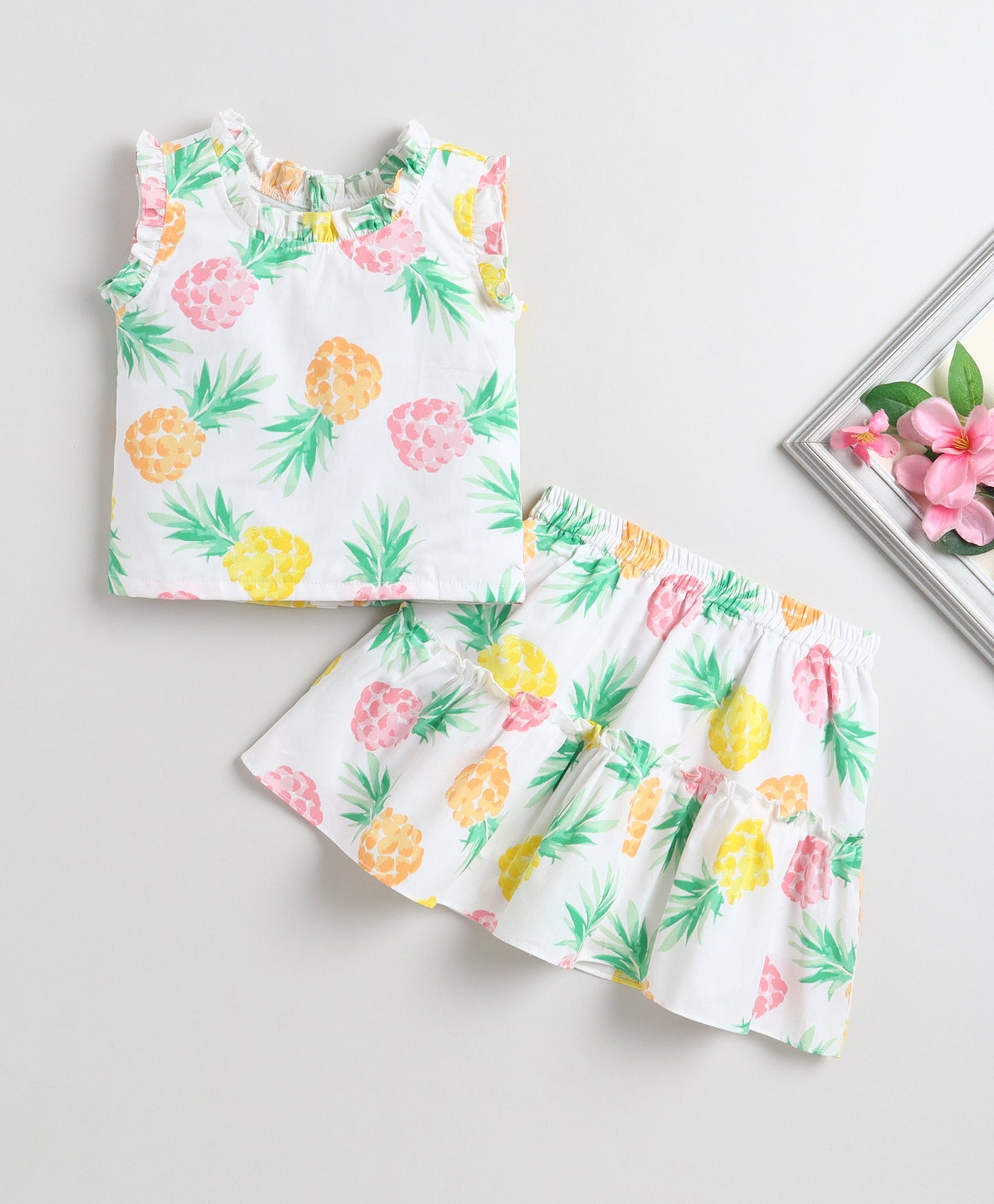 The Magic Wand Cotton Woven Frill Sleeves Pineapple Printed Top And Tiered Skirt Set - White