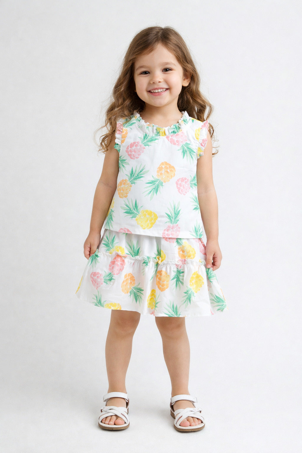 The Magic Wand Cotton Woven Frill Sleeves Pineapple Printed Top And Tiered Skirt Set - White