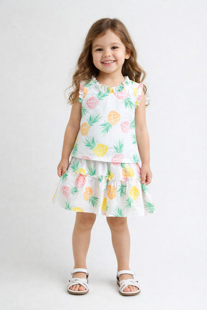 The Magic Wand Cotton Woven Frill Sleeves Pineapple Printed Top And Tiered Skirt Set - White