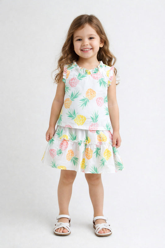 The Magic Wand Cotton Woven Frill Sleeves Pineapple Printed Top And Tiered Skirt Set - White