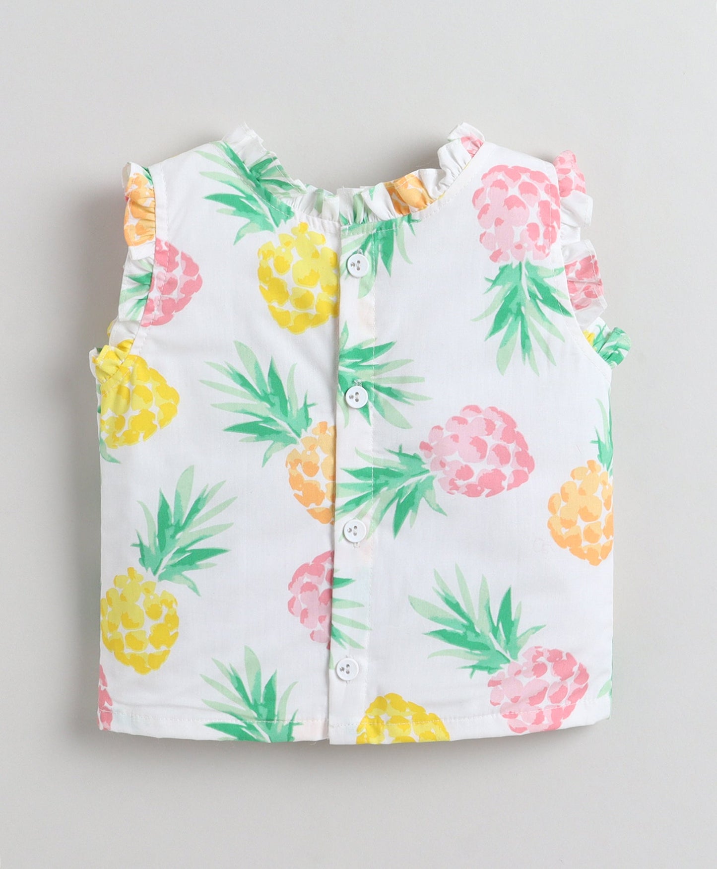 The Magic Wand Cotton Woven Frill Sleeves Pineapple Printed Top And Tiered Skirt Set - White