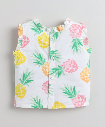 The Magic Wand Cotton Woven Frill Sleeves Pineapple Printed Top And Tiered Skirt Set - White