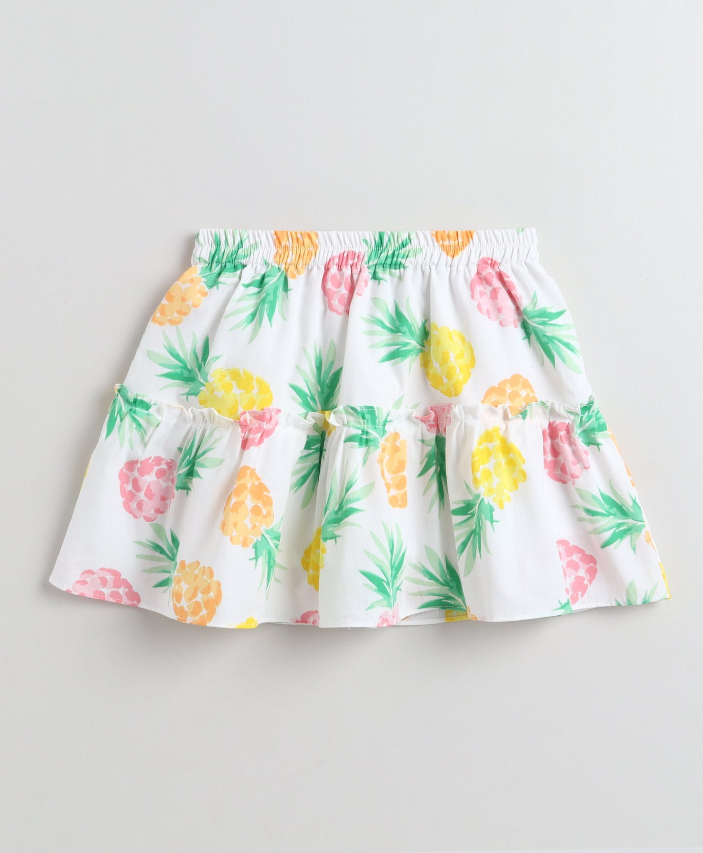 The Magic Wand Cotton Woven Frill Sleeves Pineapple Printed Top And Tiered Skirt Set - White