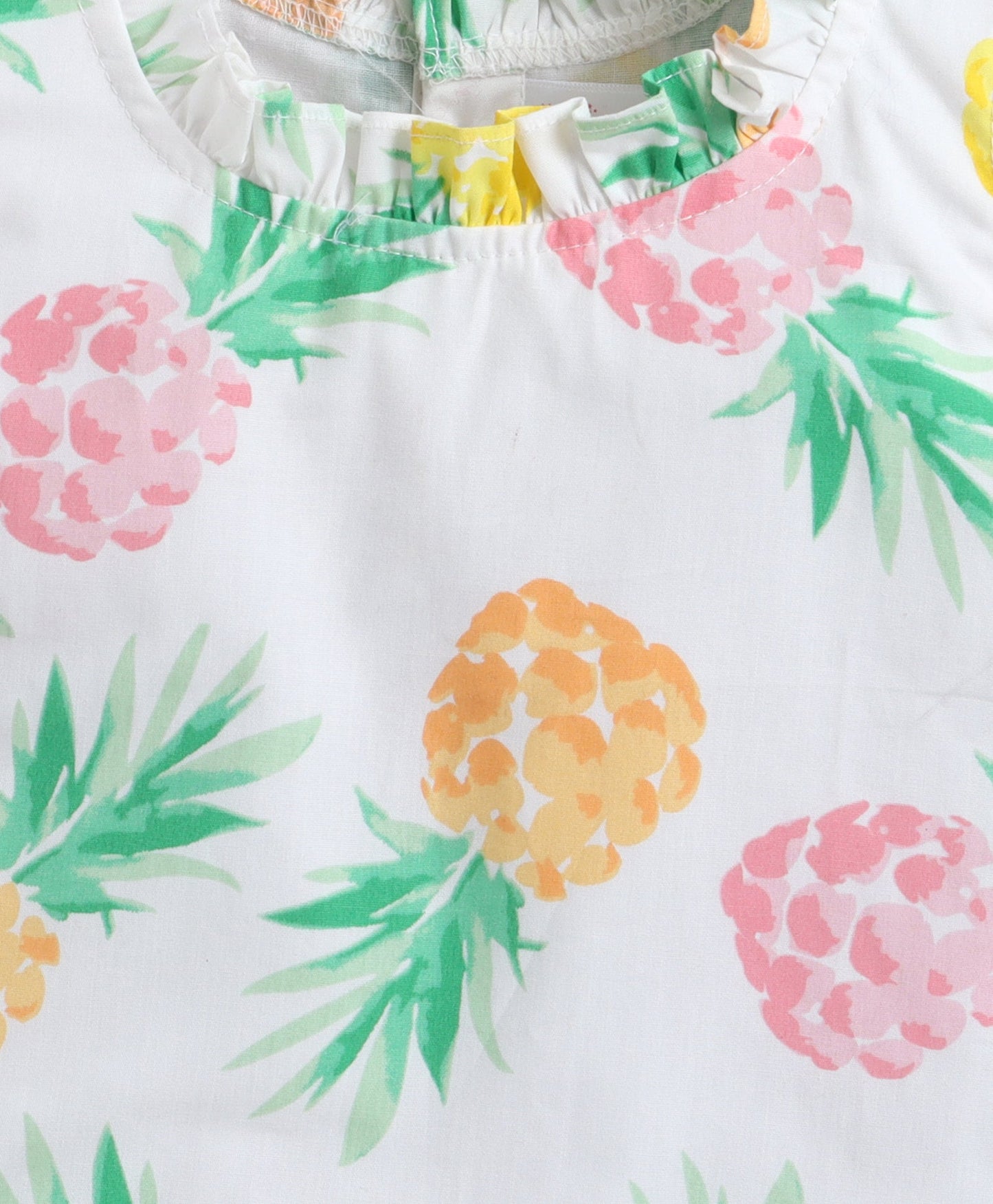 The Magic Wand Cotton Woven Frill Sleeves Pineapple Printed Top And Tiered Skirt Set - White