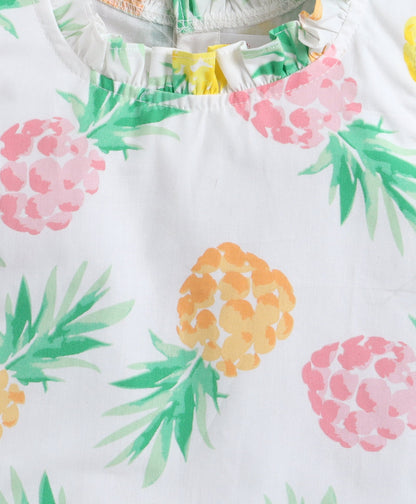 The Magic Wand Cotton Woven Frill Sleeves Pineapple Printed Top And Tiered Skirt Set - White