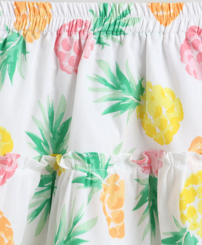 The Magic Wand Cotton Woven Frill Sleeves Pineapple Printed Top And Tiered Skirt Set - White