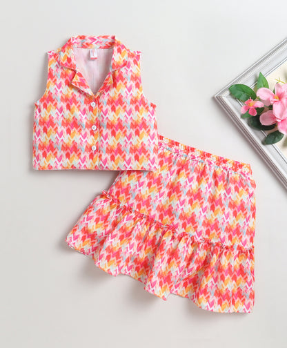 The Magic Wand Woven Sleeveless Printed Waistcoat Top And Tiered Skirt Set - Multi Color