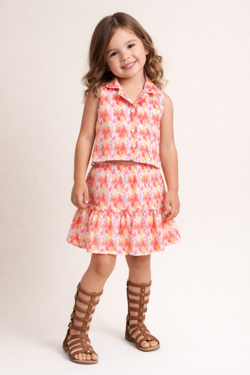 The Magic Wand Woven Sleeveless Printed Waistcoat Top And Tiered Skirt Set - Multi Color