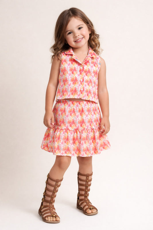 The Magic Wand Woven Sleeveless Printed Waistcoat Top And Tiered Skirt Set - Multi Color