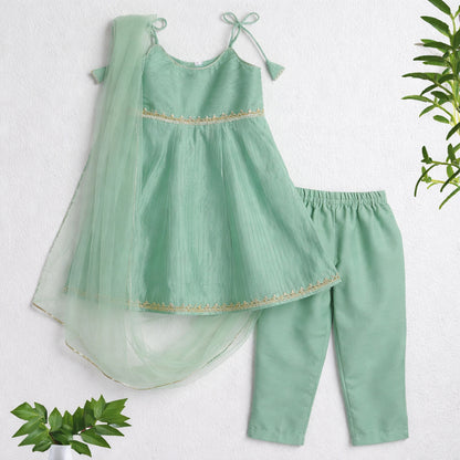 The Magic Wand Woven Shoulder Tie-Up Laced Stripe Kurti And Pant Set With Dupatta - Green