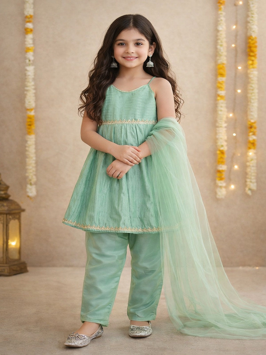 The Magic Wand Woven Shoulder Tie-Up Laced Stripe Kurti And Pant Set With Dupatta - Green