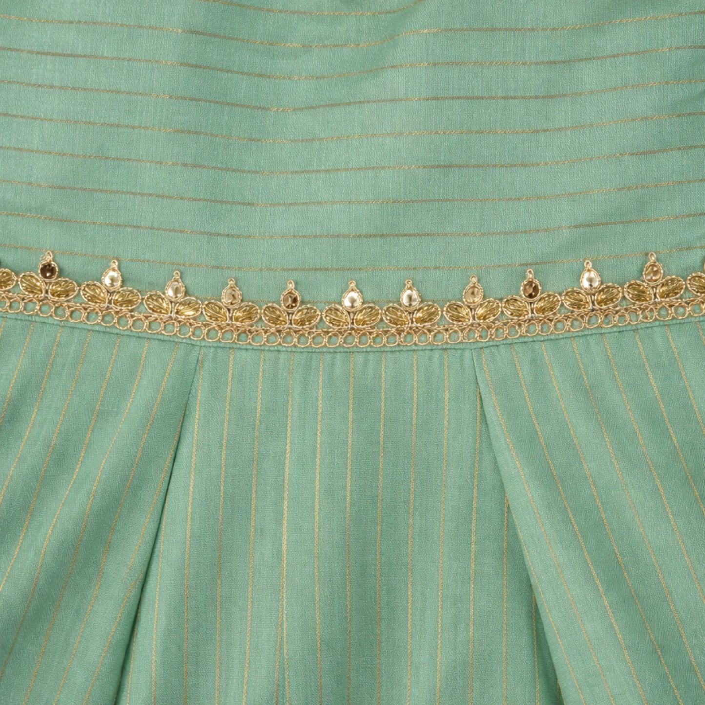 The Magic Wand Woven Shoulder Tie-Up Laced Stripe Kurti And Pant Set With Dupatta - Green