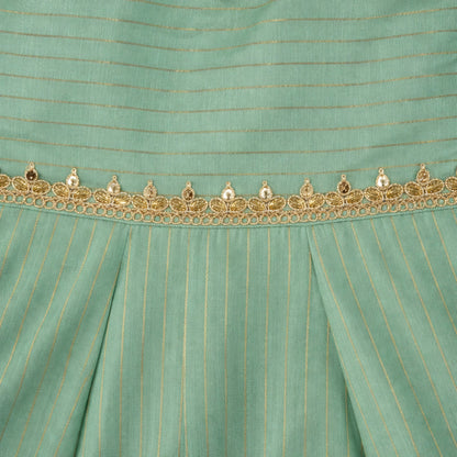 The Magic Wand Woven Shoulder Tie-Up Laced Stripe Kurti And Pant Set With Dupatta - Green