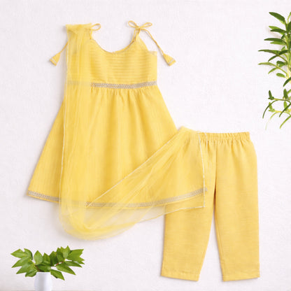 The Magic Wand Woven Shoulder Tie-Up Laced Stripe Kurti And Pant Set With Dupatta - Yellow