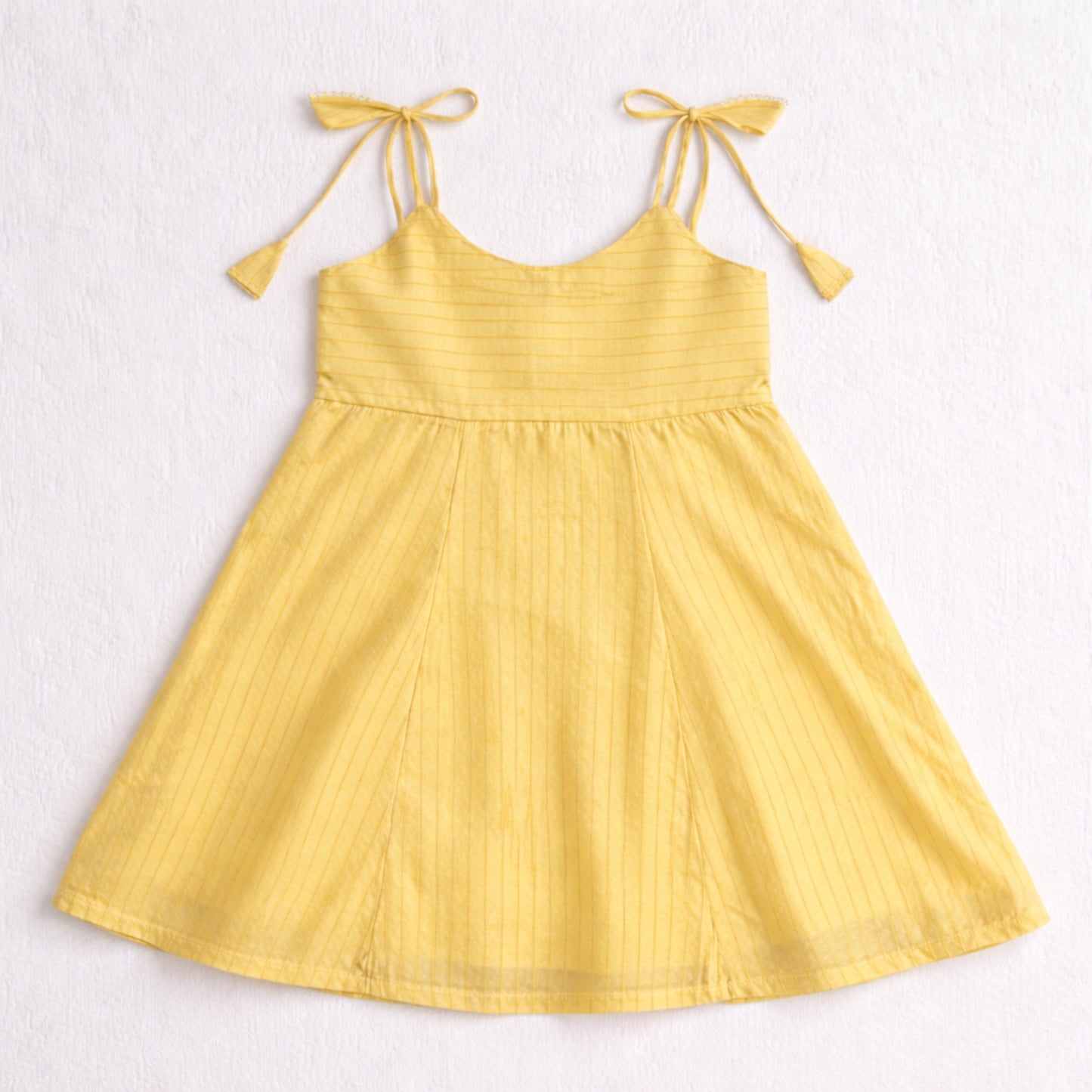 The Magic Wand Woven Shoulder Tie-Up Laced Stripe Kurti And Pant Set With Dupatta - Yellow