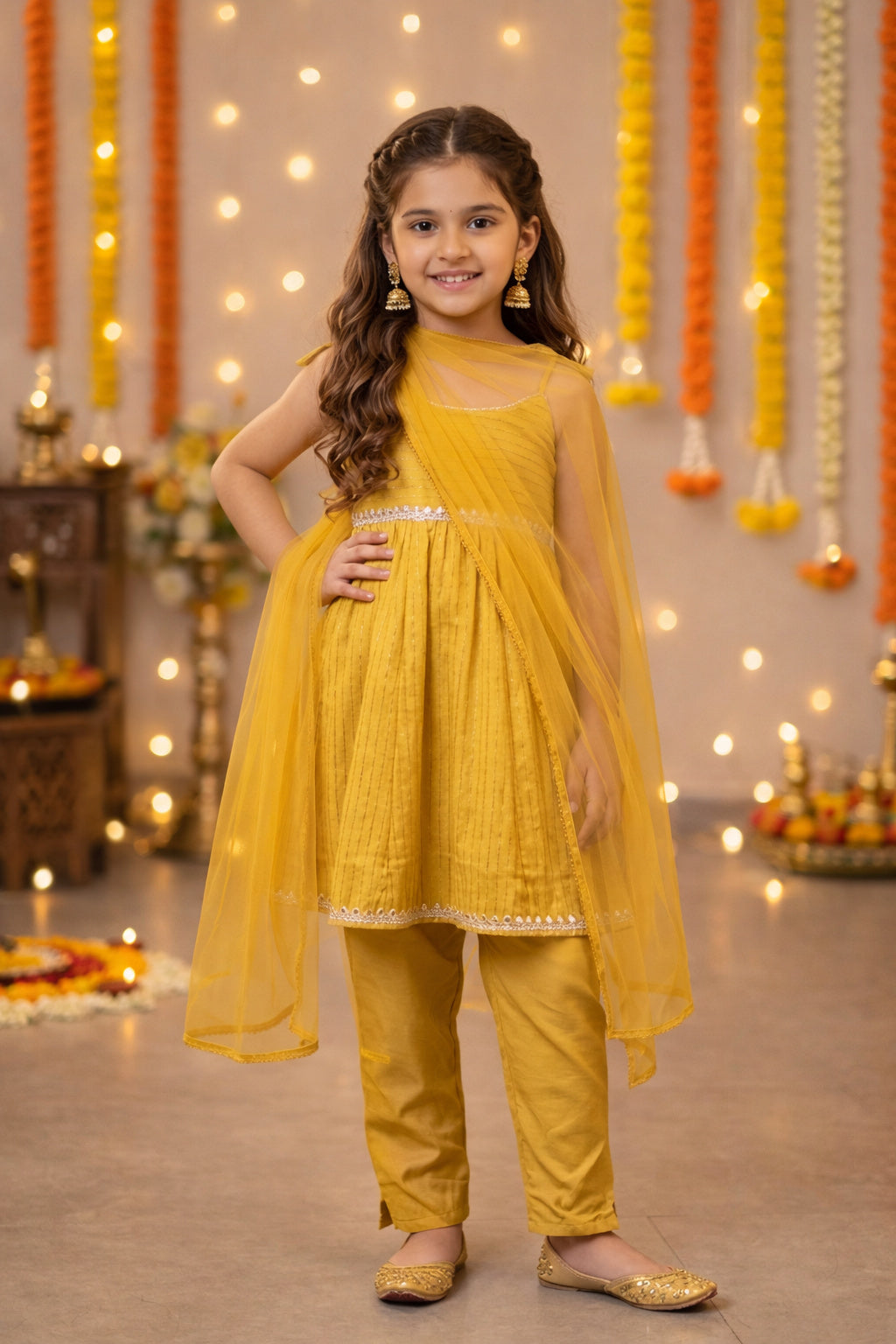 The Magic Wand Woven Shoulder Tie-Up Laced Stripe Kurti And Pant Set With Dupatta - Yellow