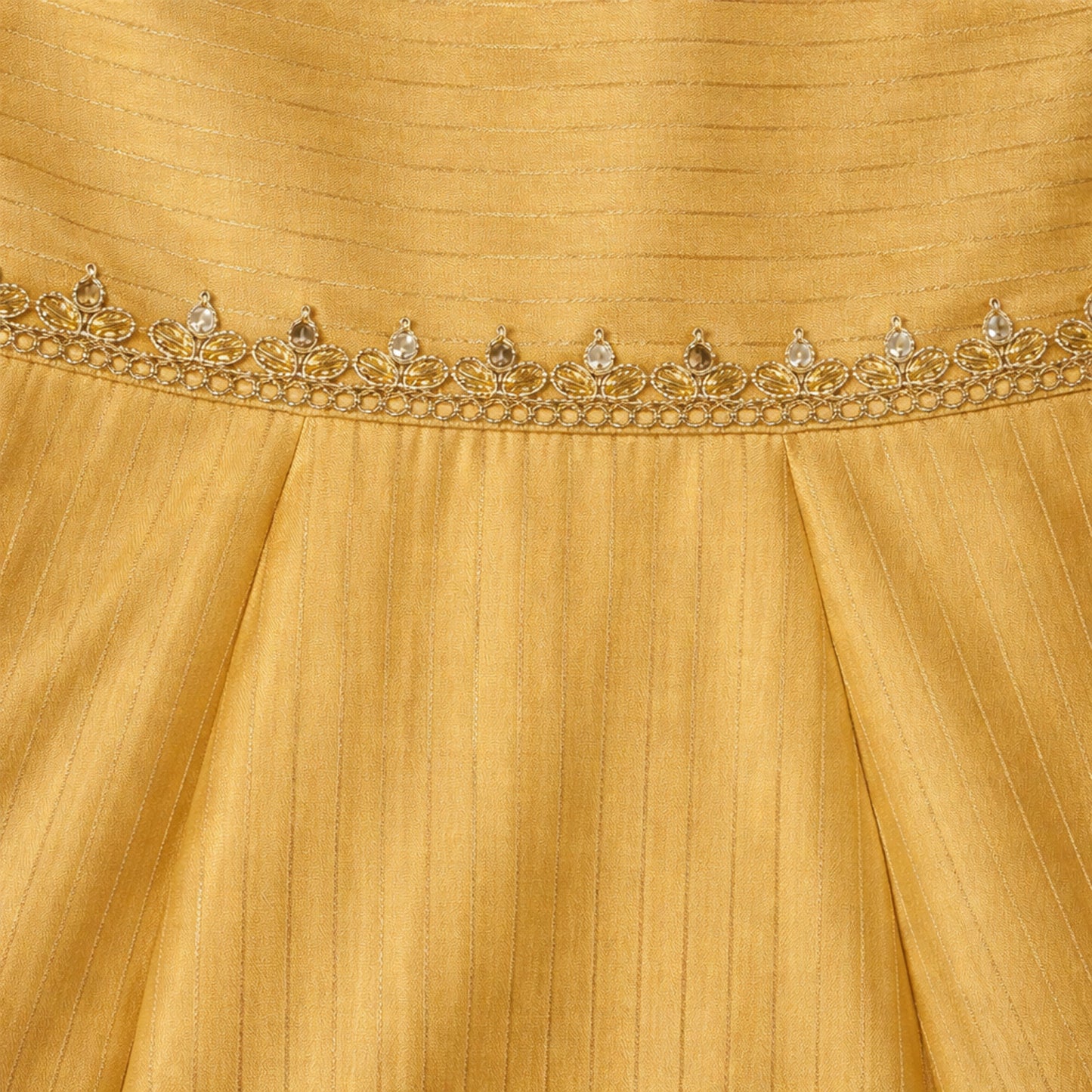 The Magic Wand Woven Shoulder Tie-Up Laced Stripe Kurti And Pant Set With Dupatta - Yellow
