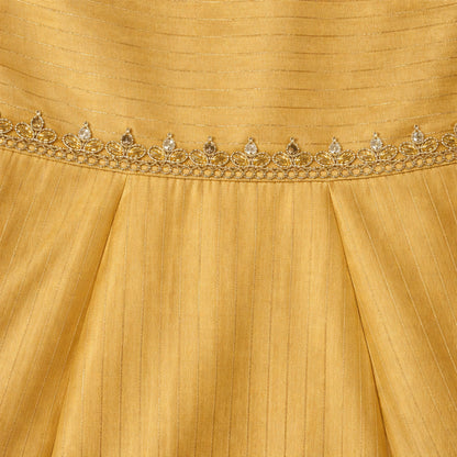 The Magic Wand Woven Shoulder Tie-Up Laced Stripe Kurti And Pant Set With Dupatta - Yellow