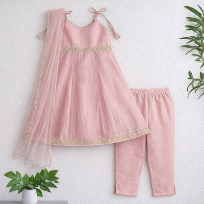 The Magic Wand Woven Shoulder Tie-Up Laced Stripe Kurti And Pant Set With Dupatta - Peach
