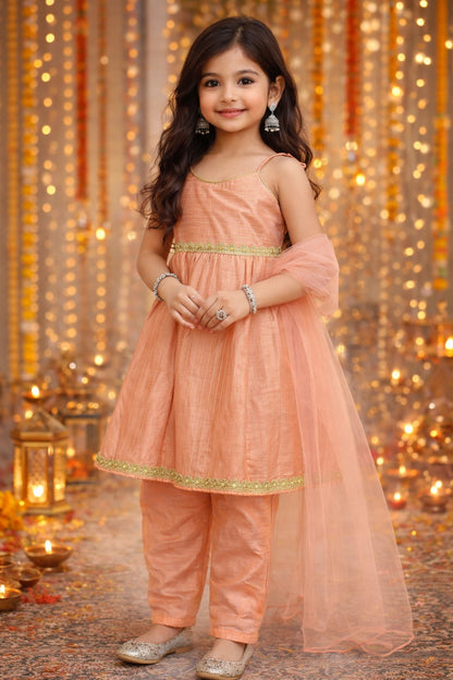 The Magic Wand Woven Shoulder Tie-Up Laced Stripe Kurti And Pant Set With Dupatta - Peach