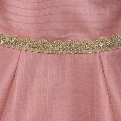 The Magic Wand Woven Shoulder Tie-Up Laced Stripe Kurti And Pant Set With Dupatta - Peach