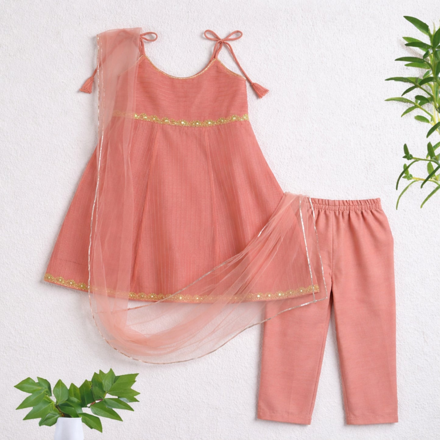 The Magic Wand Woven Shoulder Tie-Up Laced Stripe Kurti And Pant Set With Dupatta - Dark Peach