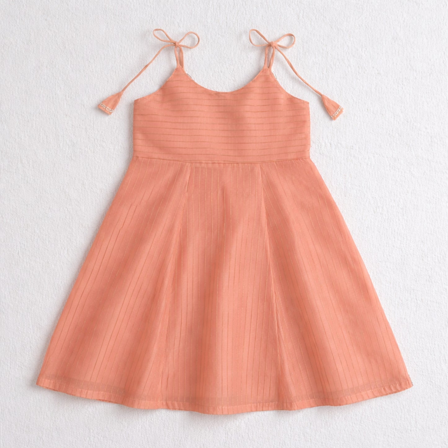 The Magic Wand Woven Shoulder Tie-Up Laced Stripe Kurti And Pant Set With Dupatta - Dark Peach