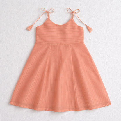 The Magic Wand Woven Shoulder Tie-Up Laced Stripe Kurti And Pant Set With Dupatta - Dark Peach