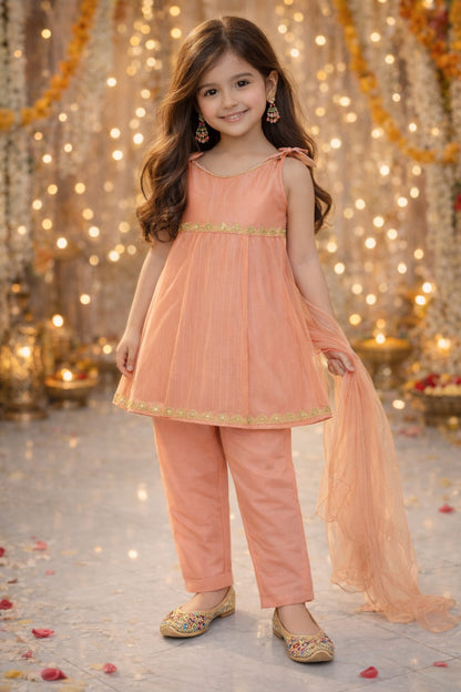 The Magic Wand Woven Shoulder Tie-Up Laced Stripe Kurti And Pant Set With Dupatta - Dark Peach