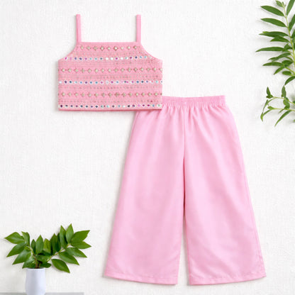The Magic Wand Woven Strappy Mirror Work Embroidered Top And Palazzo Set - Pink