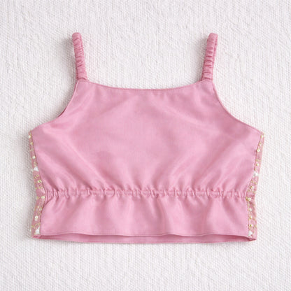The Magic Wand Woven Strappy Mirror Work Embroidered Top And Palazzo Set - Pink