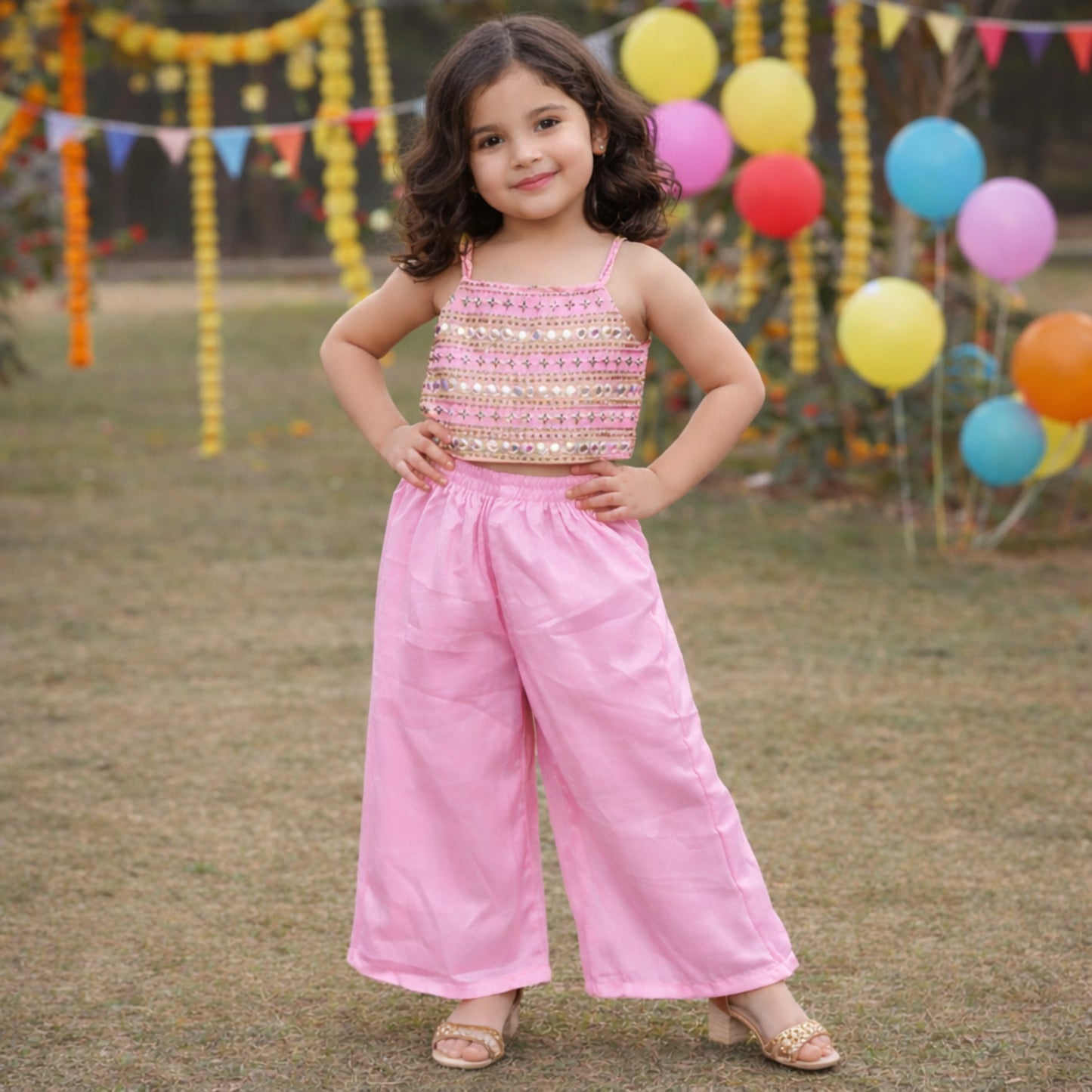 The Magic Wand Woven Strappy Mirror Work Embroidered Top And Palazzo Set - Pink