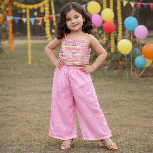 The Magic Wand Woven Strappy Mirror Work Embroidered Top And Palazzo Set - Pink