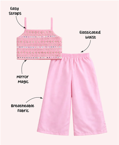 The Magic Wand Woven Strappy Mirror Work Embroidered Top And Palazzo Set - Pink