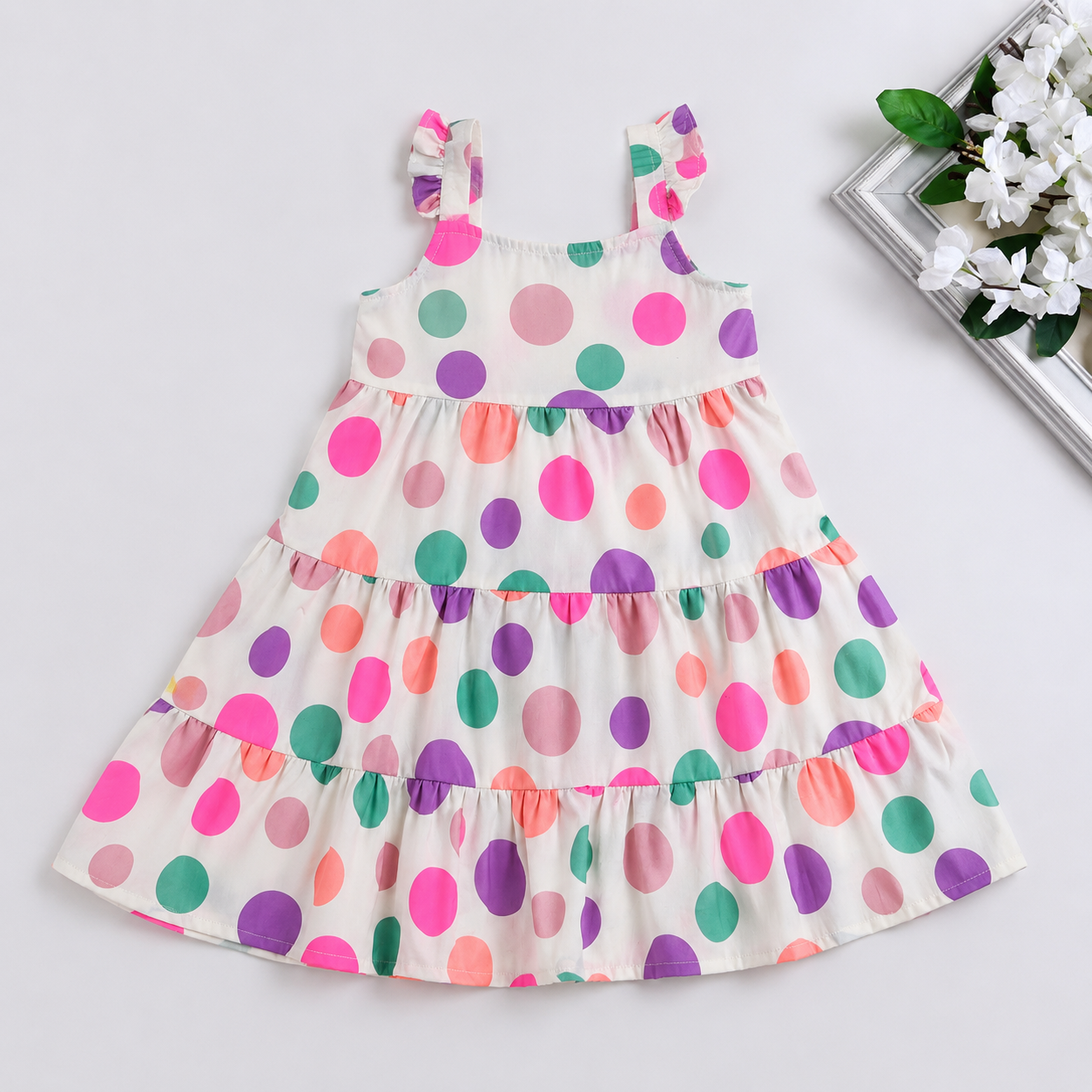 The Magic Wand Cotton Woven Ruffle Sleeves Polka Dot Tiered Dress - Multi Colour