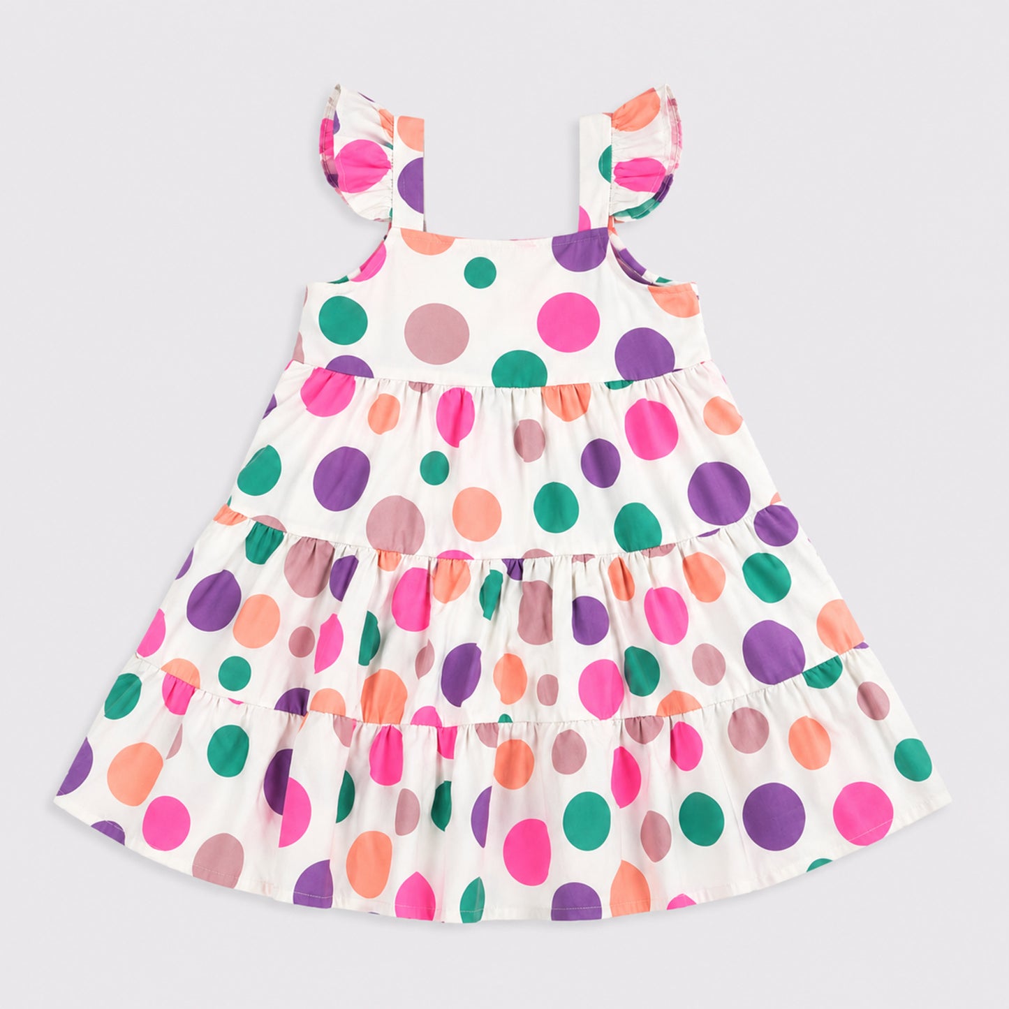 The Magic Wand Cotton Woven Ruffle Sleeves Polka Dot Tiered Dress - Multi Colour