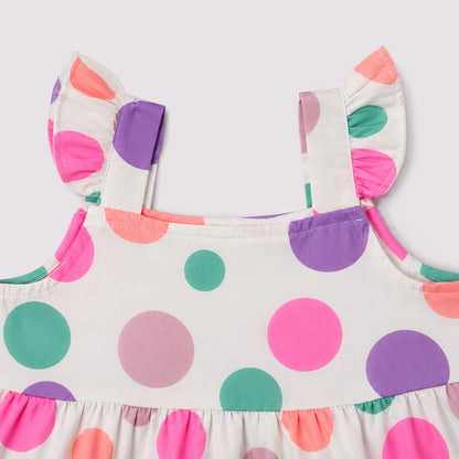 The Magic Wand Cotton Woven Ruffle Sleeves Polka Dot Tiered Dress - Multi Colour