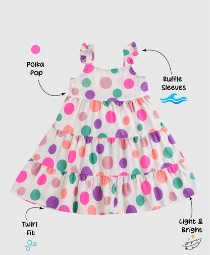 The Magic Wand Cotton Woven Ruffle Sleeves Polka Dot Tiered Dress - Multi Colour