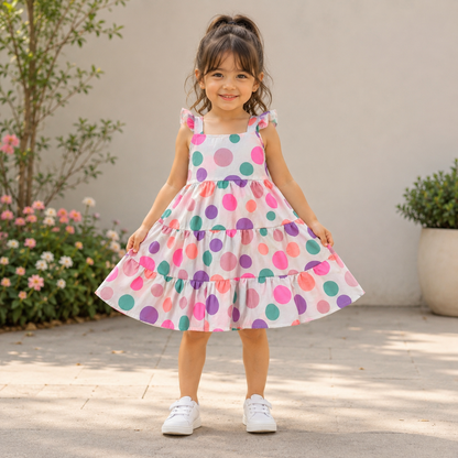 The Magic Wand Cotton Woven Ruffle Sleeves Polka Dot Tiered Dress - Multi Colour