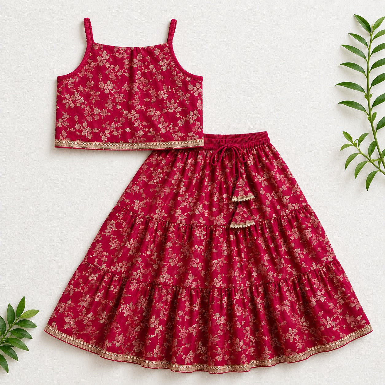 The Magic Wand Woven Strappy Leaf Printed Laced Lehenga Choli Set - Fuchsia