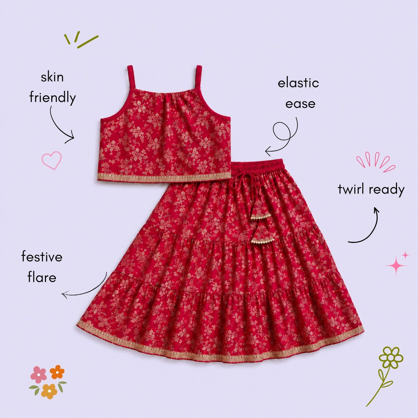 The Magic Wand Woven Strappy Leaf Printed Laced Lehenga Choli Set - Fuchsia