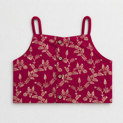 The Magic Wand Woven Strappy Leaf Printed Laced Lehenga Choli Set - Fuchsia