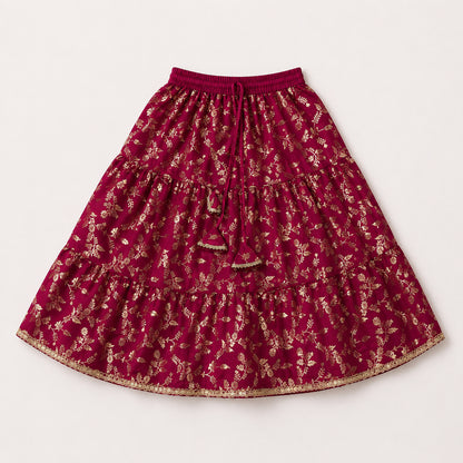 The Magic Wand Woven Strappy Leaf Printed Laced Lehenga Choli Set - Fuchsia