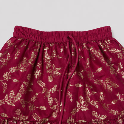 The Magic Wand Woven Strappy Leaf Printed Laced Lehenga Choli Set - Fuchsia