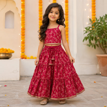 The Magic Wand Woven Strappy Leaf Printed Laced Lehenga Choli Set - Fuchsia