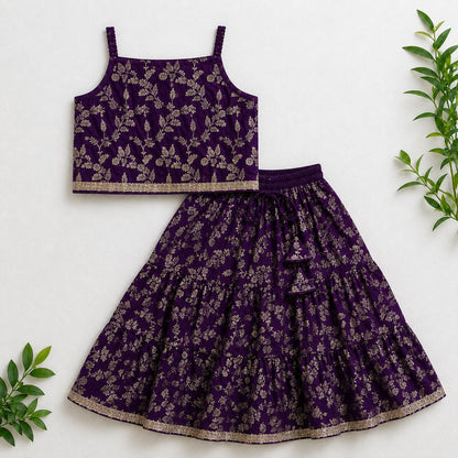 The Magic Wand Woven Strappy Leaf Printed Laced Lehenga Choli Set - Purple