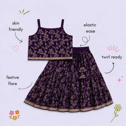 The Magic Wand Woven Strappy Leaf Printed Laced Lehenga Choli Set - Purple