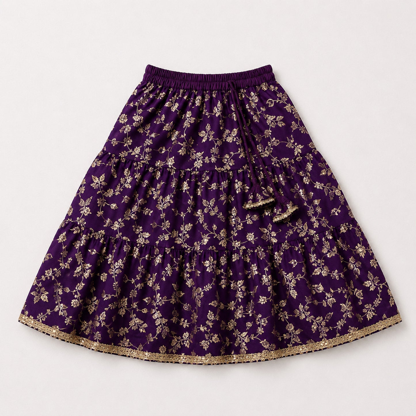 The Magic Wand Woven Strappy Leaf Printed Laced Lehenga Choli Set - Purple